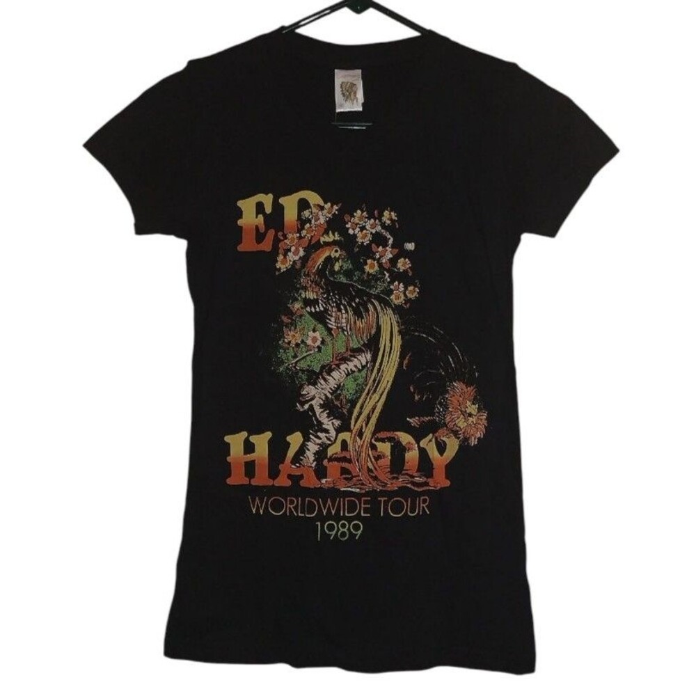 Ed Hardy Girl's Size Medium Tunic Tee "Worldwide Tour 1989" Black Retro NWT